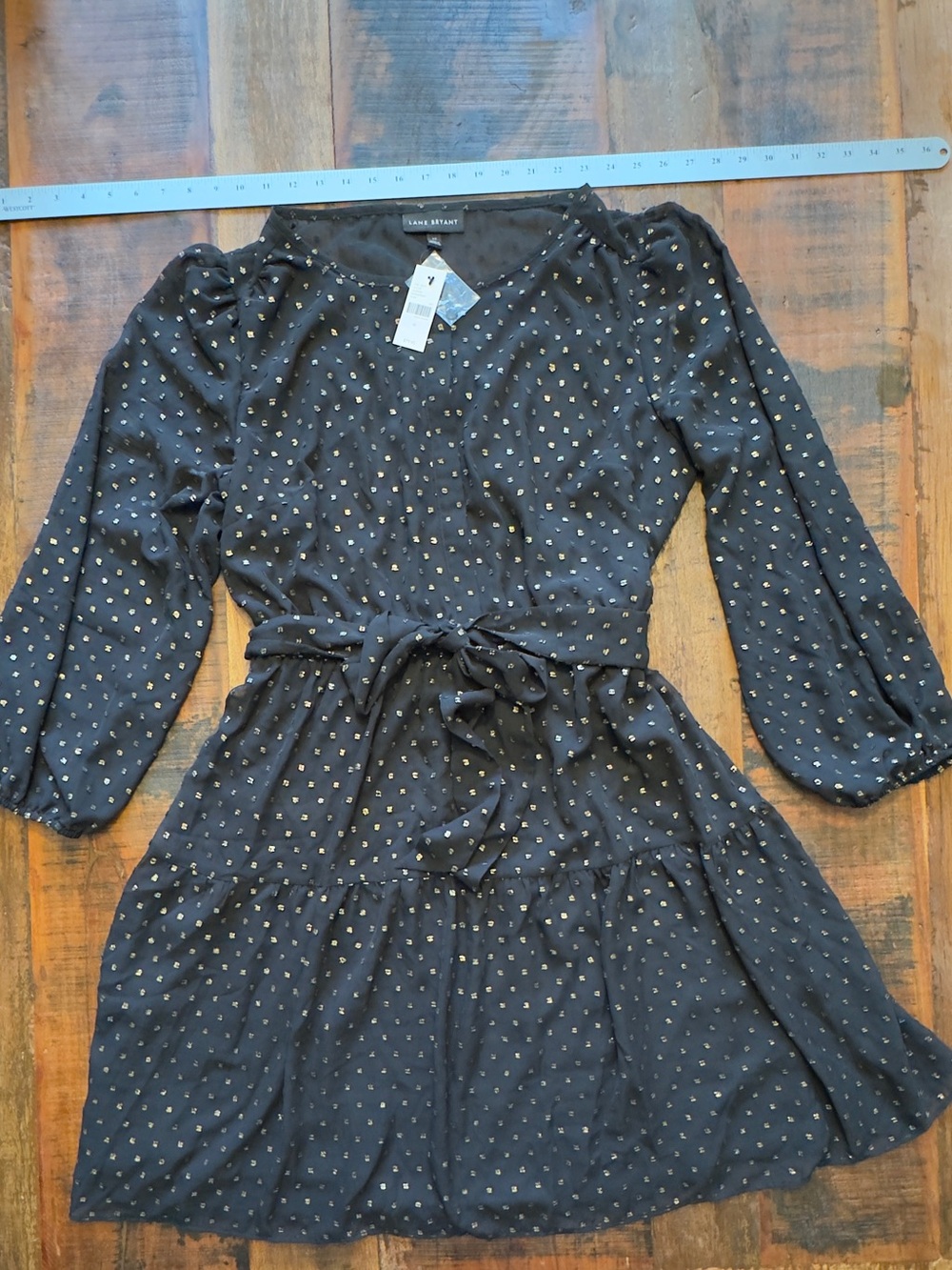Lane Bryant Black Dress with Gold Dot Print and Waist Tie 12